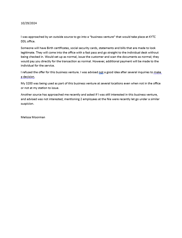 Melissa Moorman's Letter